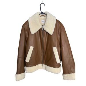 GAP BOMBER  VEGAN LEATHER SHERPA WOMEN COAT IN TAN SIZE XL EUC